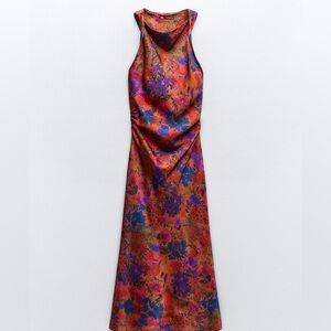 ZARA FLORAL PRINT SATIN EFFECT MIDI DRESS